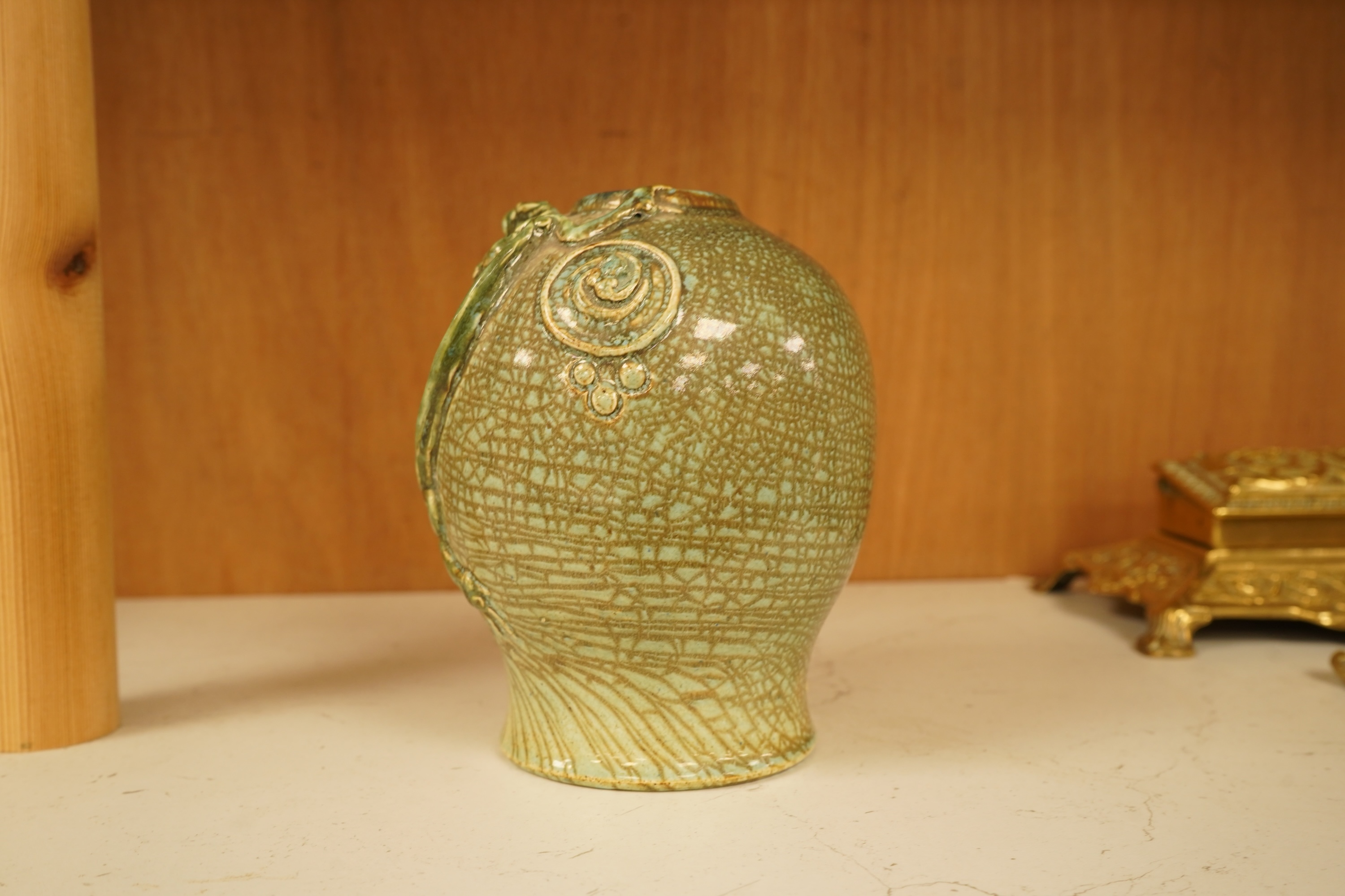A Mortlake ‘dragon’ vase, monogrammed and dated 1912, 15cm